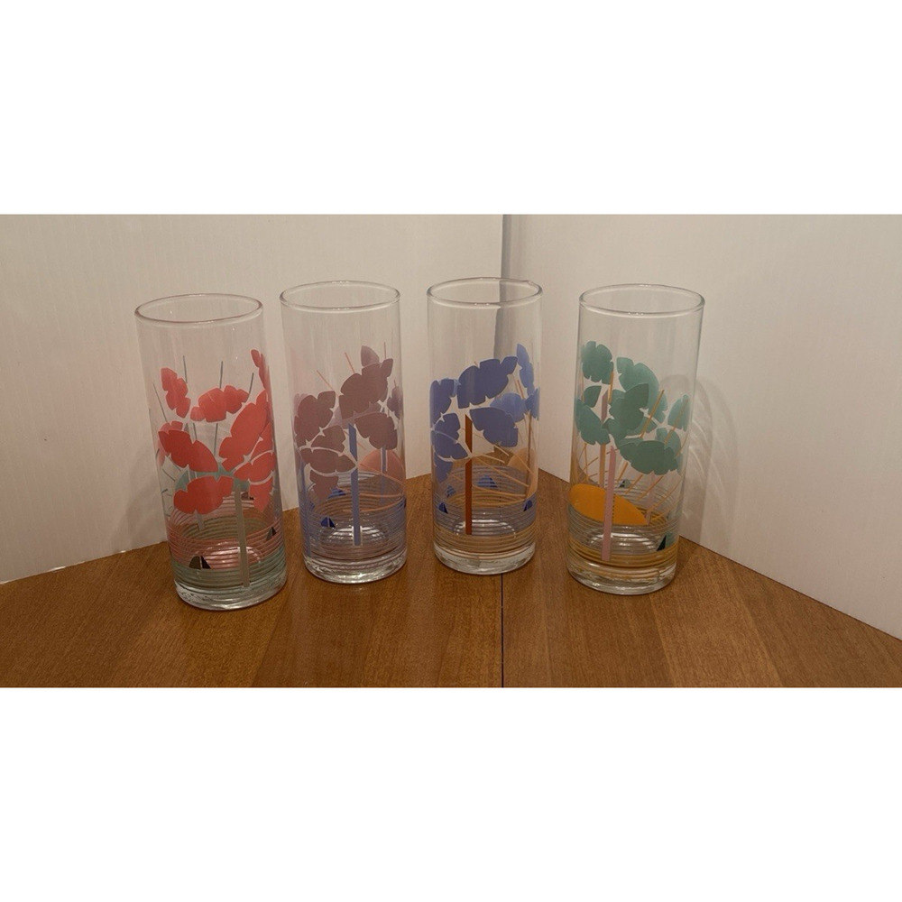 1980's Highball Glasses Vintage Palm Trees Sailboats Peach Blue Retro Set Of 4